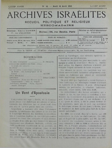 Archives israélites de France. Vol.73 N°16 (18 avr. 1912)